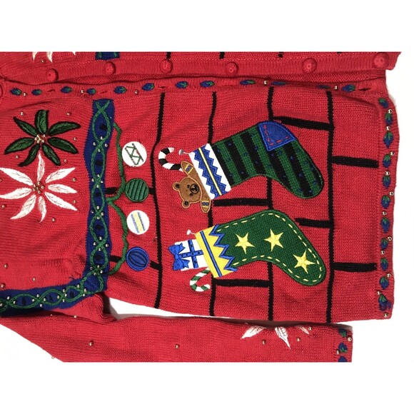 Hampshire Studio Vintage Red Embroidered Christmas Sweater Cardigan Size L - Picture 5 of 11